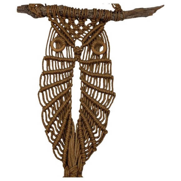 Vtg Boho 70s Handmade Macrame Owl Wall Hanging Jute Driftwood Hippie Rope Art - Picture 4 of 10
